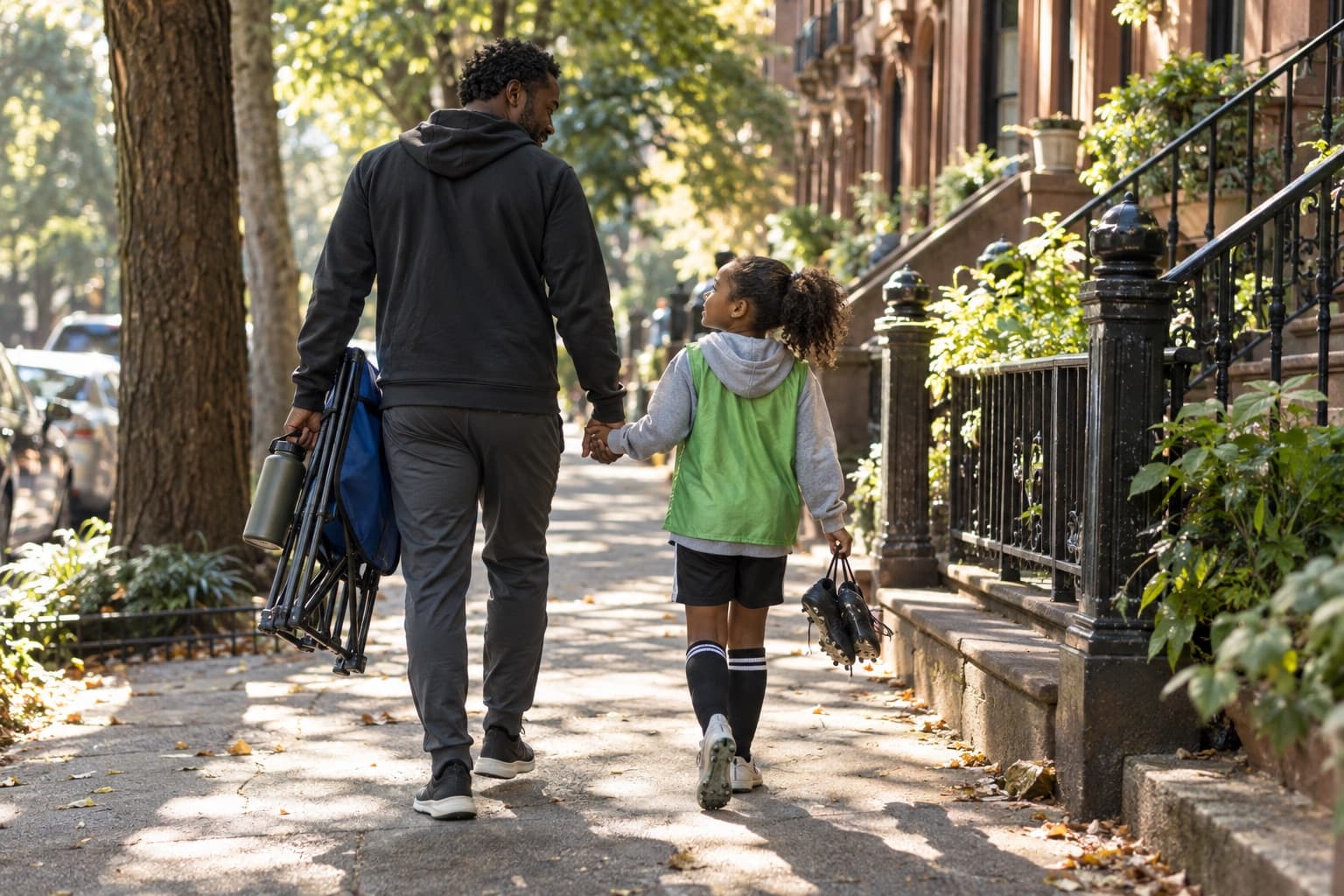 A father and daughter walking to practice along a Brooklyn sidewalk