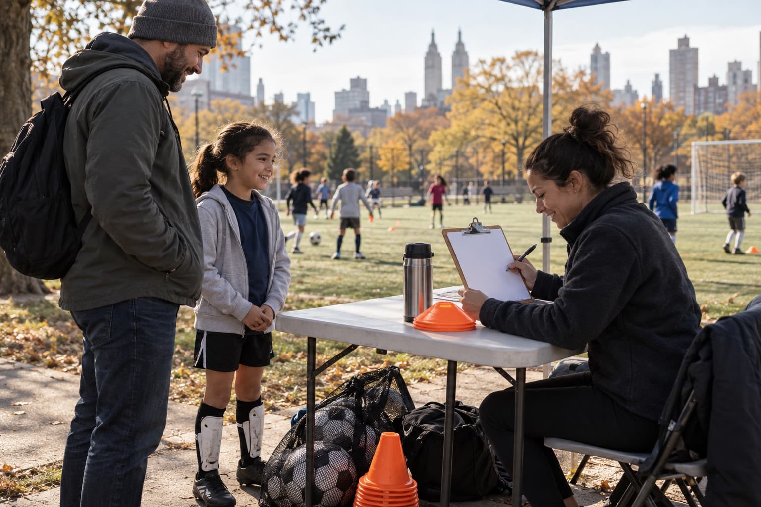A volunteer coach checking in a father and daughter beside a park field