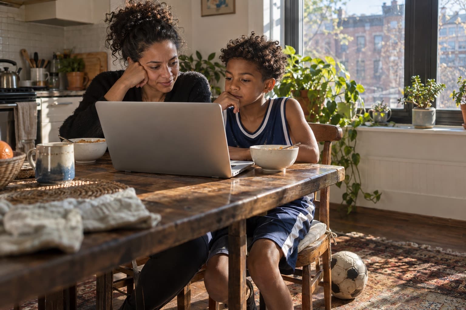 A mother and her son choosing a program together at their kitchen table