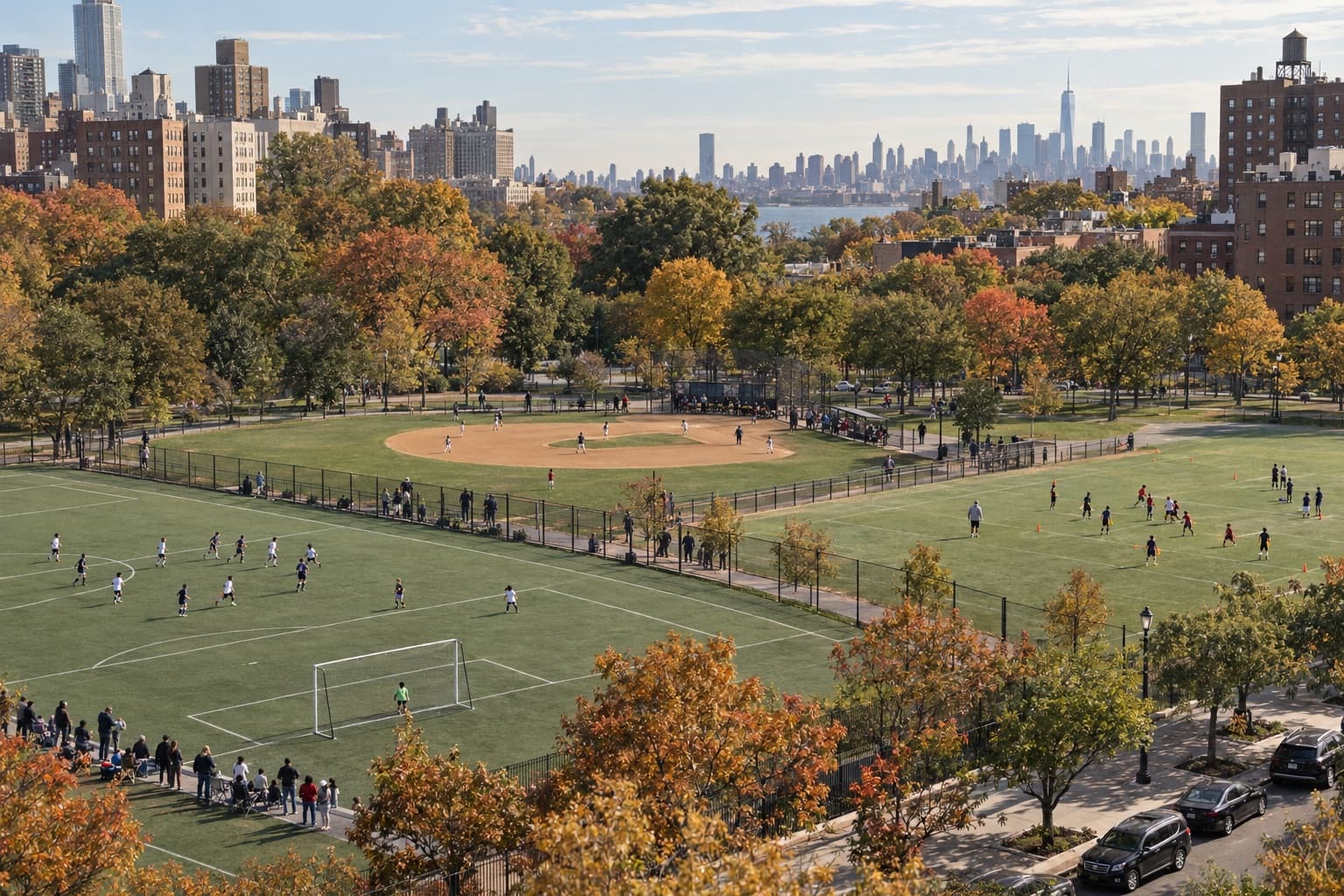 Youth soccer, baseball and flag football games on neighboring fields in a New York City park