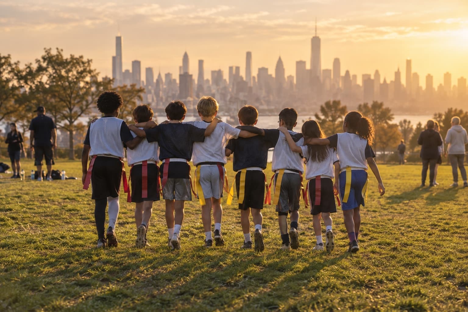 A youth flag football team walking off the field arm in arm at sunset